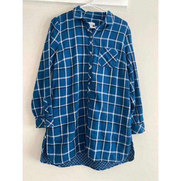 J. Jill Plaid Long Sleeve Button Up Shirt Dress Pockets Womens M Blue White - Picture 1 of 6